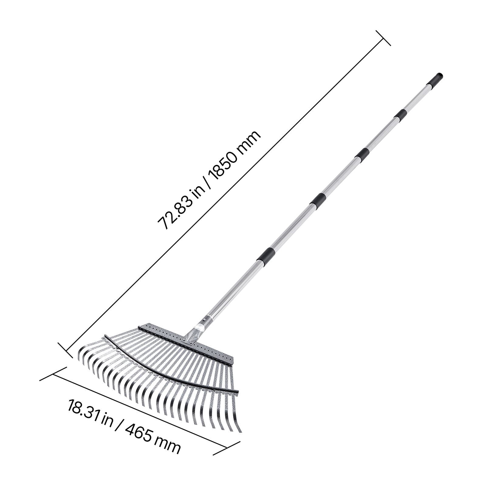 Heavy Duty 25-Tine Metal Leaf Rake, Adjustable 36.4-72.8 Inch Handle & 18.3 Inch Wide Head, Stainless Steel Garden Rake for Lawn, Yard, Grass, Camping – Efficient Small Leaves Tool