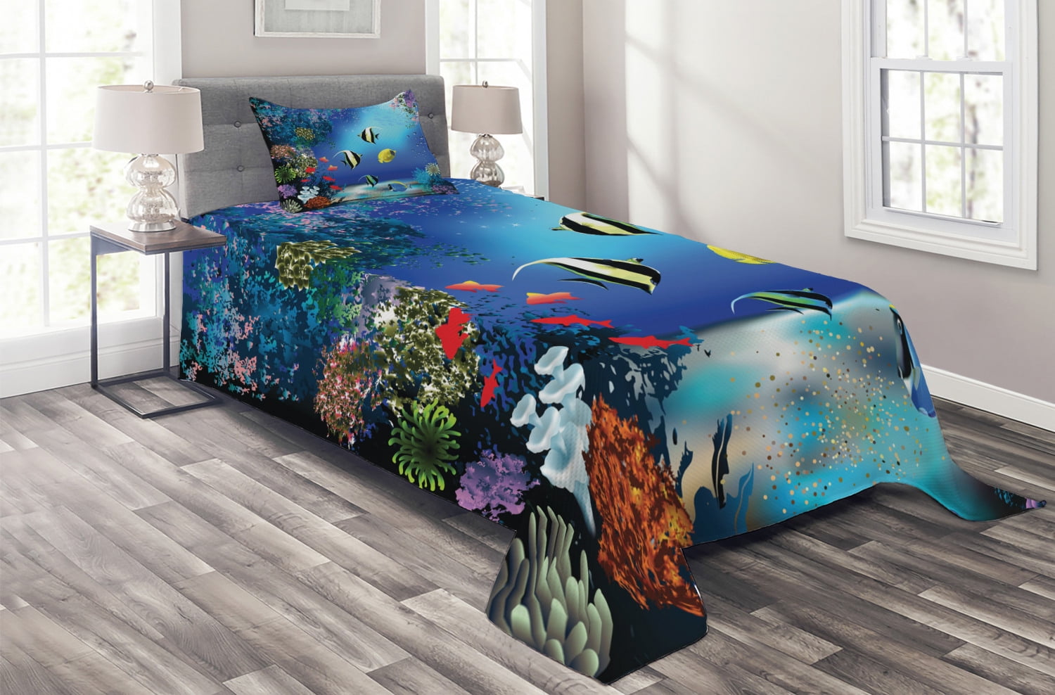 Underwater Coverlet Set Twin Size, Tropical Undersea with Colorful