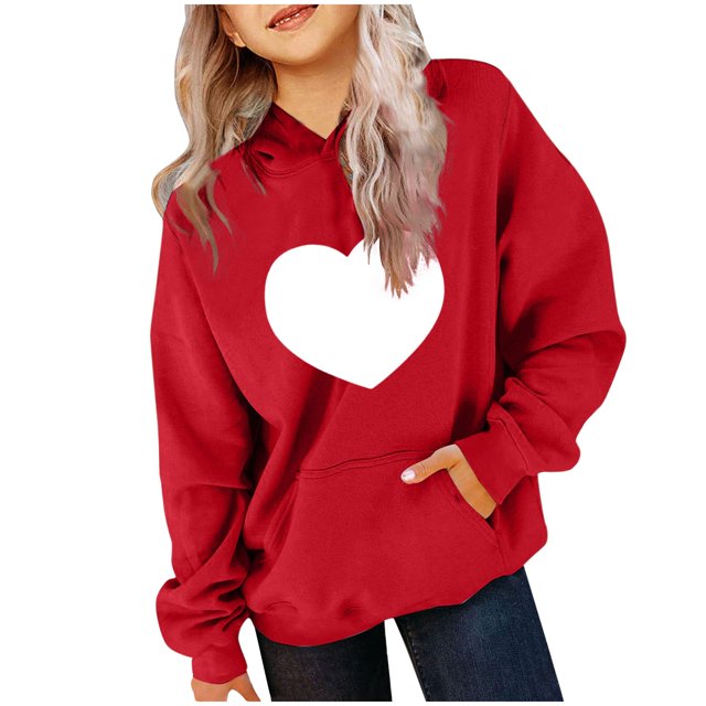 Milgrthf Chandails à Capuchon et Chandails Molletonnés à Cœur pour Filles, Tissu Lourd, Manches Longues, Col Rond, Pullover à Capuche pour Préadolescente, Rouge, 11 Ans