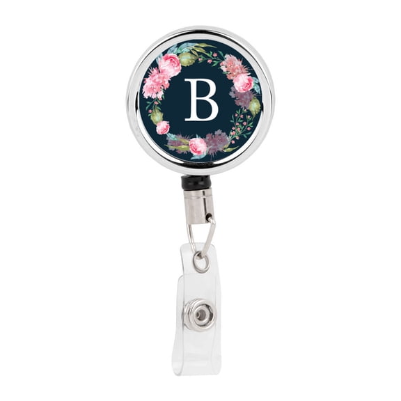 Koyal Wholesale Retractable Badge Reel Holder With Clip, Blush Pink Peonies Flowers Monogram B