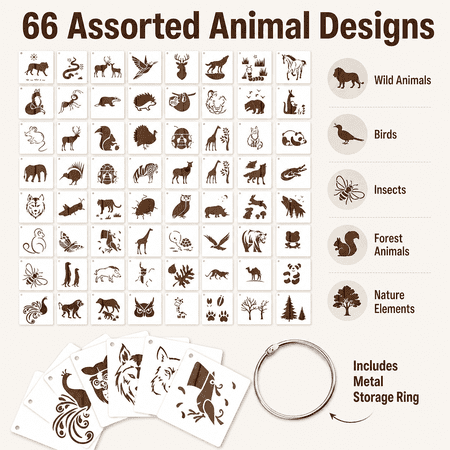 66 Pcs Animal Painting Stencils, Wildlife Craft Templates with Storage Ring, Wood Wall Fabric Paper Scrapbook Journal Card DIY Decor