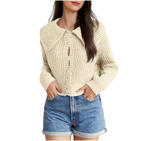 GigrtiJin Casual Quilted Knitted Sweater for Women Solid Color Doll Collar Button Down Long Sleeve Cute Blouse