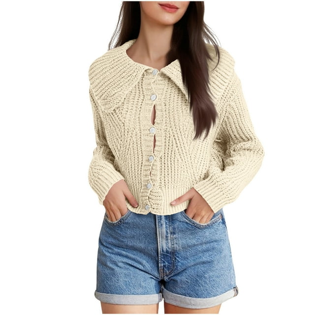 Hvobtty Chandail à Col Rond Décontracté à Manches Longues pour Femmes, Cardigan Tricoté à Manches Longues pour Femmes à Grand Col Boutonné, Ample et Polyvalent