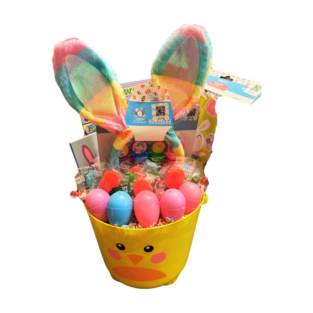 Yellow Custom Prefilled Easter Basket 44 Pieces, Candy Treats Toys Activity Books, All Youth