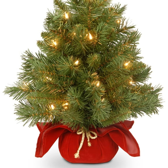 Tree Company Pre-lit Artificial Mini Christmas Tree | Includes Small Lights and Cloth Bag Base | Majestic Fir - 2 ft