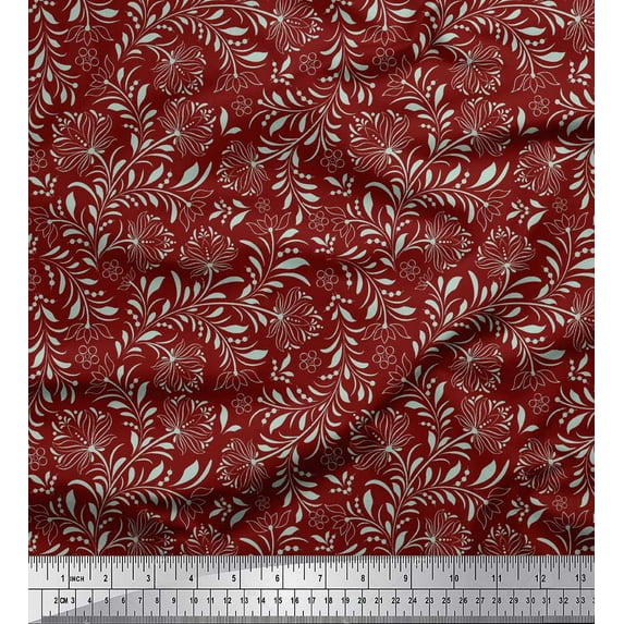Soimoi Red Moss Georgette Fabric Artistic Leaf & Floral Print Fabric by the Yard 42 Inch Wide