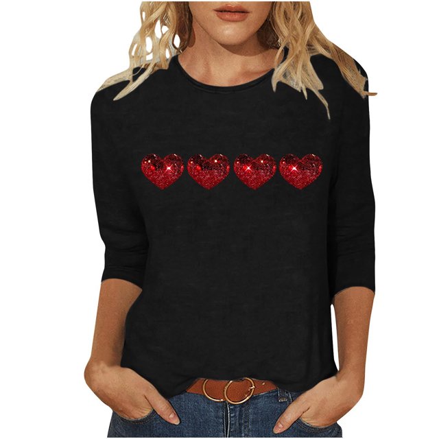 Plebaso Chemises à Manches 3/4 pour Femmes Mignonnes avec Cœur Hauts Amples Décontractés Blouses à Col Rond T-Shirts Imprimés