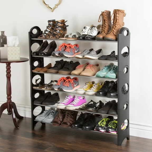 Everyday Home 6-Tier Plastic Stackable Shoe Rack - Holds 24 Pairs (Black)