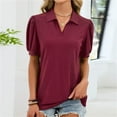 thumbnail image 2 of Cute Tops for Women Collared V-Neck Short Ruched Sleeve Casual Breathable Oversized Beach Vacation Party Tees, 2 of 8