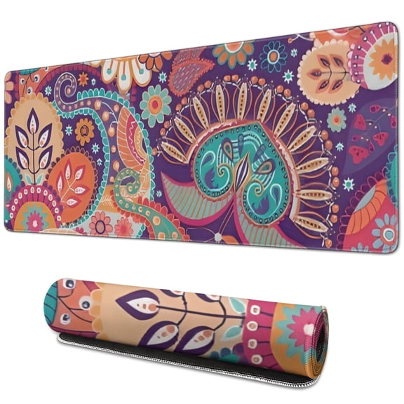 Long Mouse Pads for Desk,Multicolor Paisley and Floral Pattern Desk Mats on Top Of Desks, Desk Mouse Pad Extra Large with 3mm Non-Slip Base and Stitched Edge for Gaming,Office,Work,Home 31.5"x11.8"