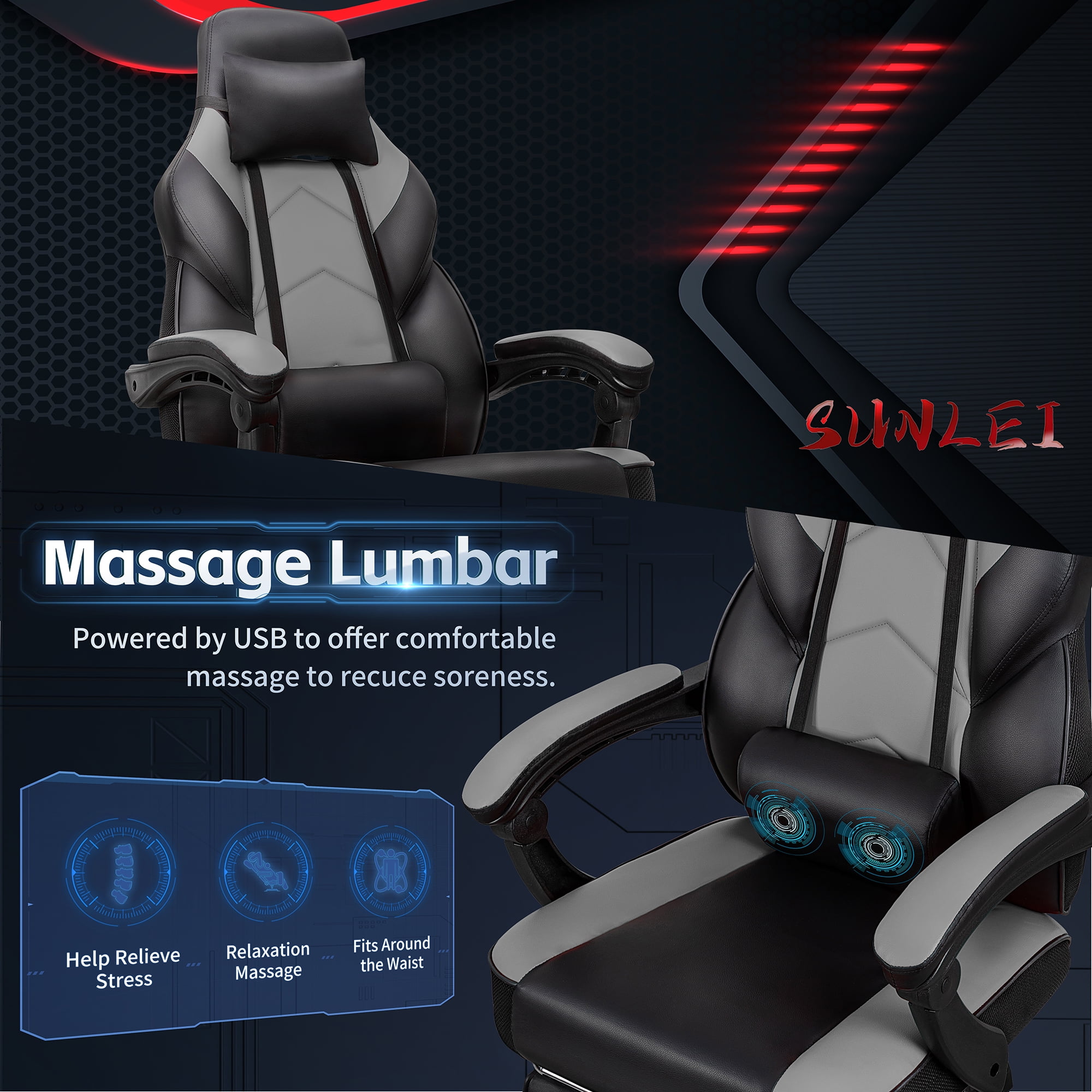 Walsunny Ergonomic Gaming Chair with Adjustable Footrest and Massage Leather Game Chair large gaming chair with Headrest and Lumbar Support for Adults, Gray