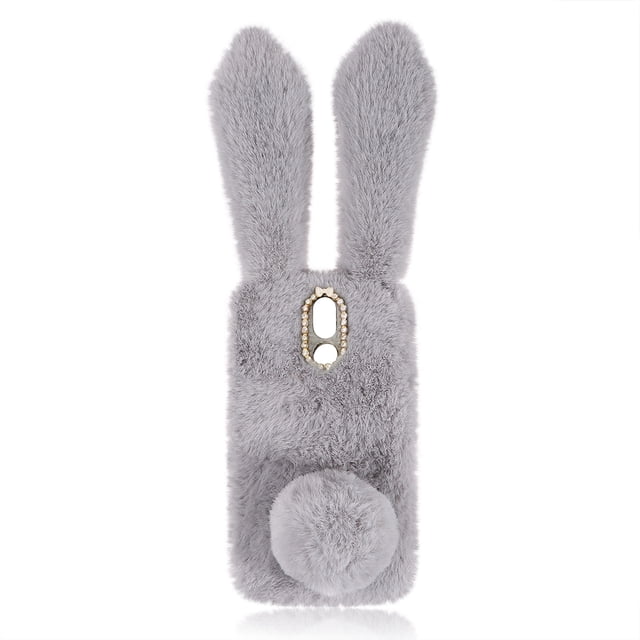Plush Phone Cover Rabbit Ear Four Seasons All-Match Warm Rhinestone Camera Frame TPU Phone Case Phone Shell Compatible with LG K40 (Light Gray)