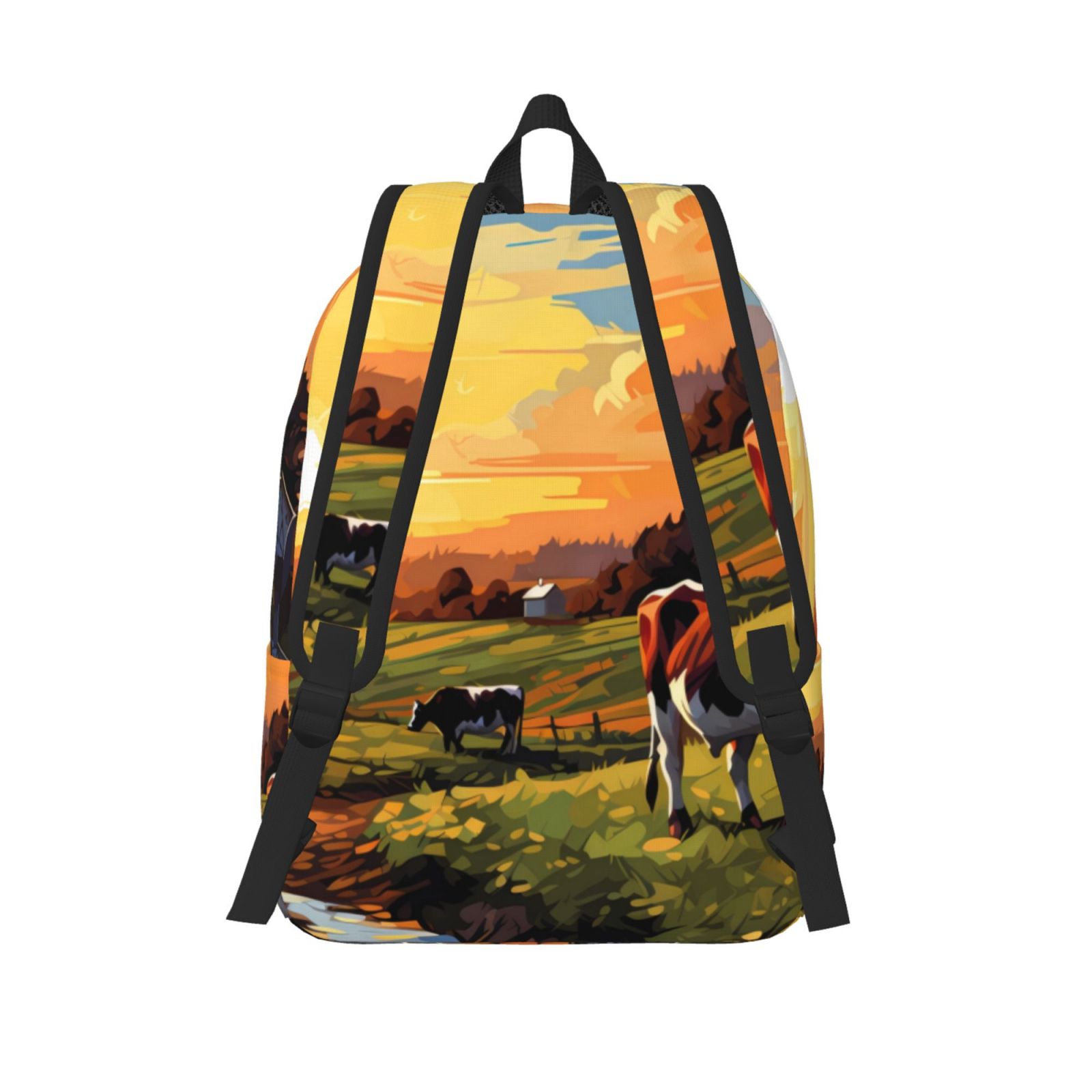 Picia Oil Painting Style Pasture Cow Printed Canvas Daypack - Stylish and Durable Vintage Compact Backpack - Class, Work, Travel, or Laptop Bookbag,Organized Compartments-Small