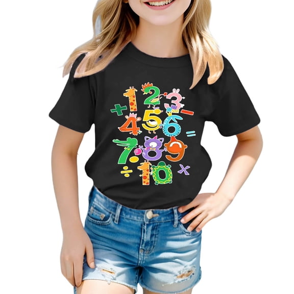 NAFUU Kids Girls T Shirts Casual Short Sleeve Tees With Number Print Loose Fit Round Neck Cute Top Everyday Wear Blouses For Girls Sizes 3-4 Years