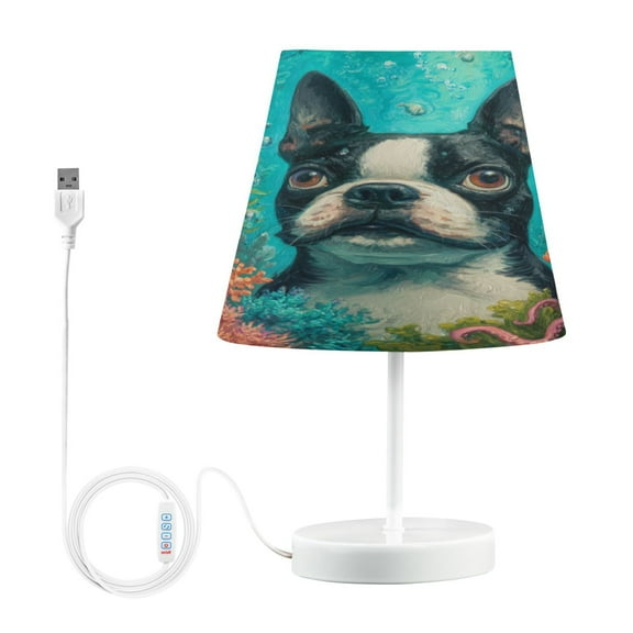 WOBOGO Cute Boston Terrier Table Lamps Bedroom 3-Speed Dimmable Farm Style with Fabric Shade for Reading and Home Office