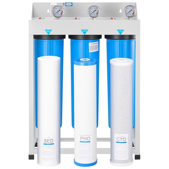 KFFKFF 3-Stage Whole House Water Filtration System, 4.5" x 20" | Sediment, PHO, CTO Filters | Reduces Chlorine, Odors, Rust, and Improves Water Quality
