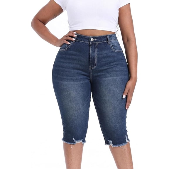 Gocolloa Plus Size Capris for Women 17" Inseam Stretchy Capri Jean Shorts High Waisted Cropped Pants Royal Blue 22W