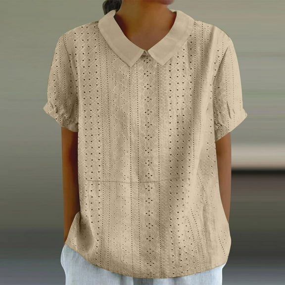 Cagogo Summer Tops Tshirts Shirts for Womens Under $10 Plus Size Short Sleeve Tunic Tops Eyelet Hollow Out Collared Crew Neck Cute Spring Clothes Graduation Gifts