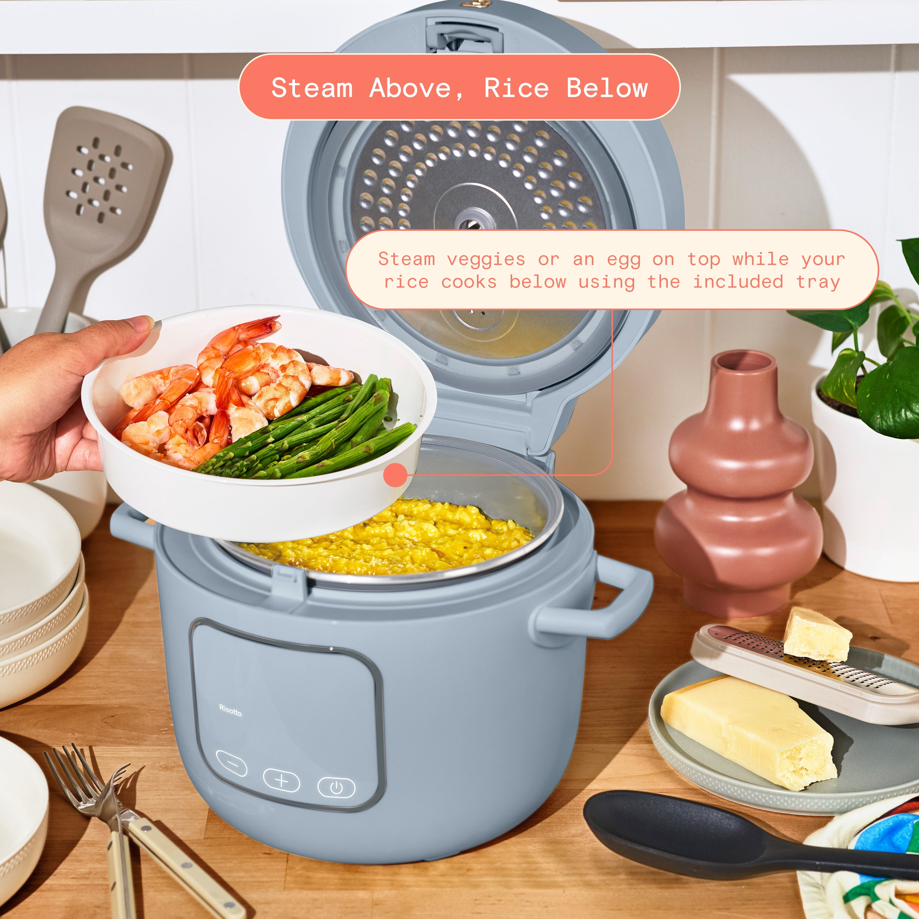 Beautiful 14-Cup Cooked, 6-Cups Uncooked Electric Rice and Grain Cooker, EverGood™ Ceramic Nonstick Coating, Cornflower Blue by Drew Barrymore