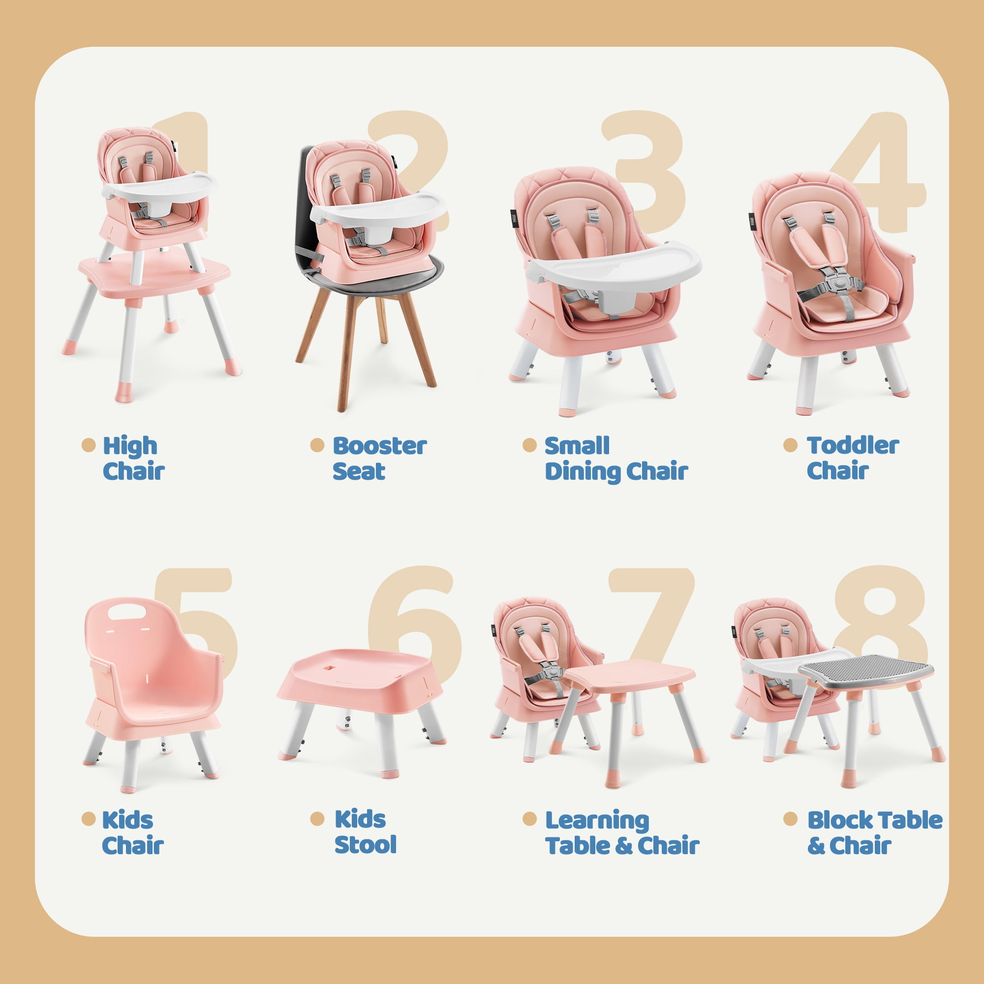 HARPPA Baby High Chair, 8 in 1 Toddler Dining Booster Seat for Baby Girl, Pink