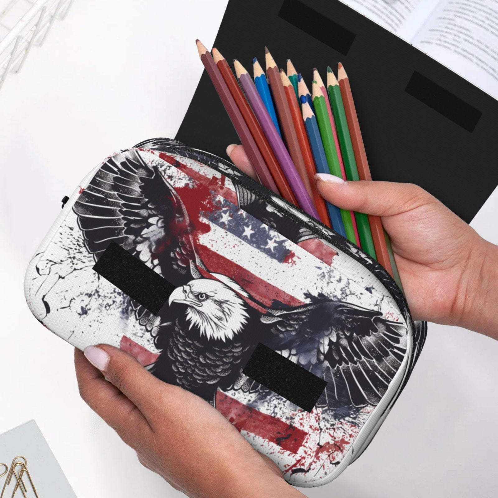Rateoe American Flag Eagle Art Pattern Double Clamshell Pen Case, Storage Organizer with Two Zipper Compartments– Holds Up to 50 Pencils & Pens