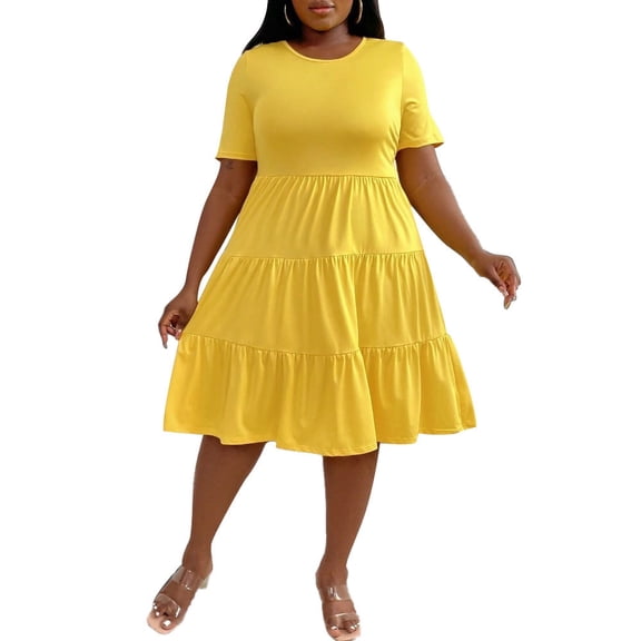 AURA Womens Yellow Knit A Line Midi Dress Short Sleeve Crewneck High Waist Ruffle Trim 1XL 3XL