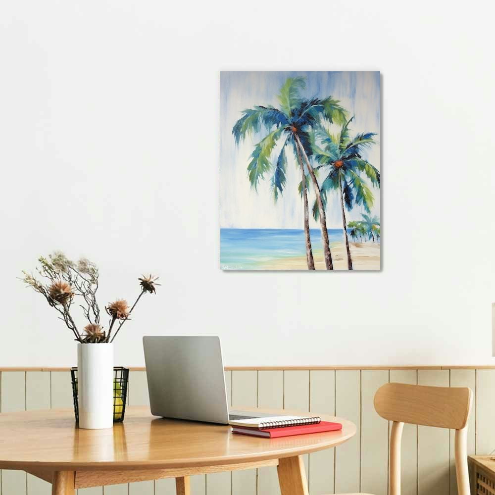 Nawypu  Canvas Nature Artwork for Home Green Blue Palm Trees Rustic Abstract Paintings for Bedroom Living Room Office Walls - 16x20 inch