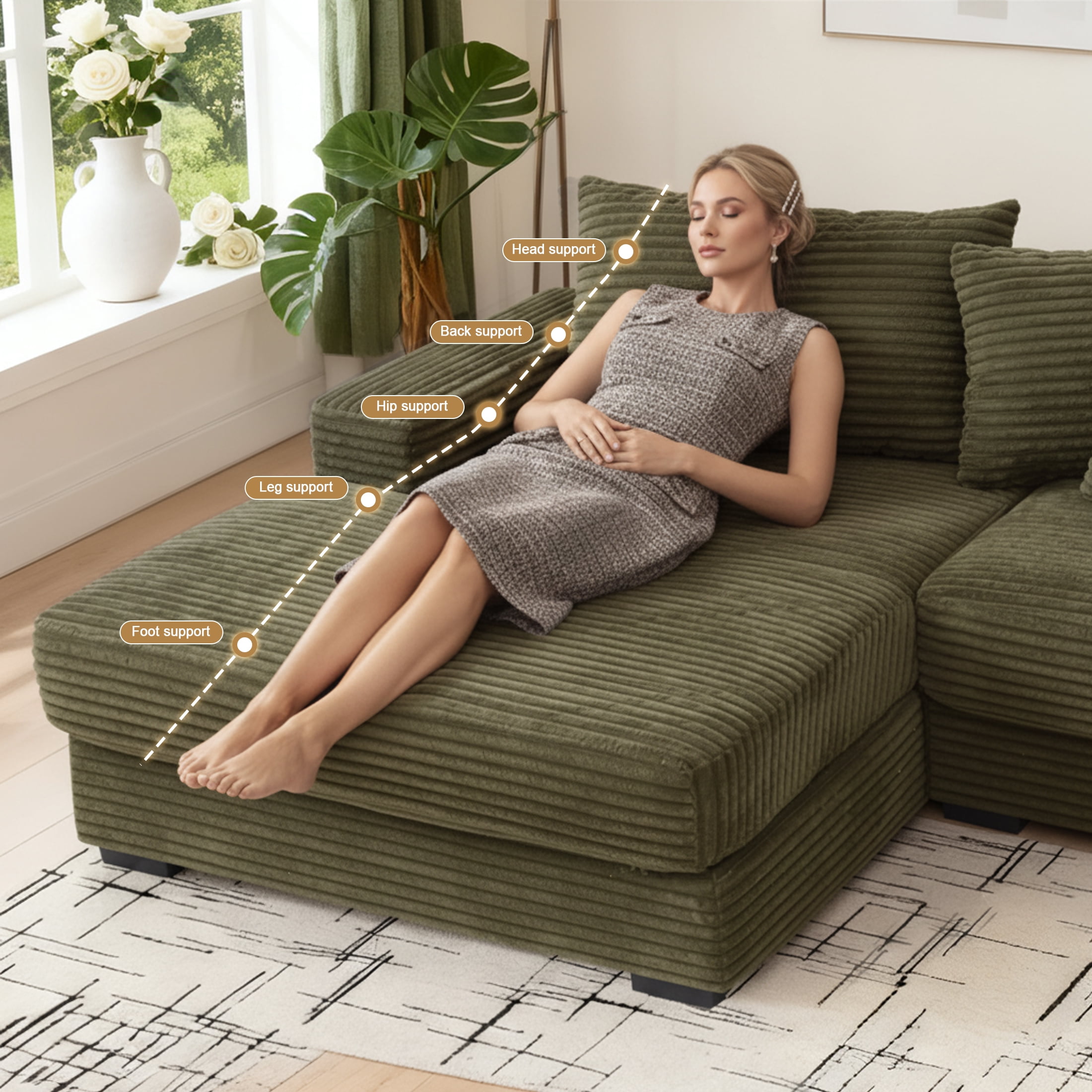 EPOWP Modular Sectional Sofa with 8 Pillows, 111" L Shaped Deep-Seating Couch for Living Room, Green(Left)