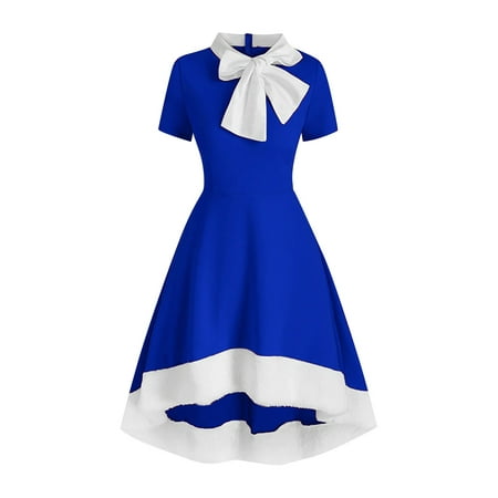 

Dresses for Women 2022 Womens Dresses Women Christmas Retro Short Sleeve Splicing Evening Party Prom Vintage Dress Maternity Dress for Photoshoot Homecoming Dresses on Clearance Blue L