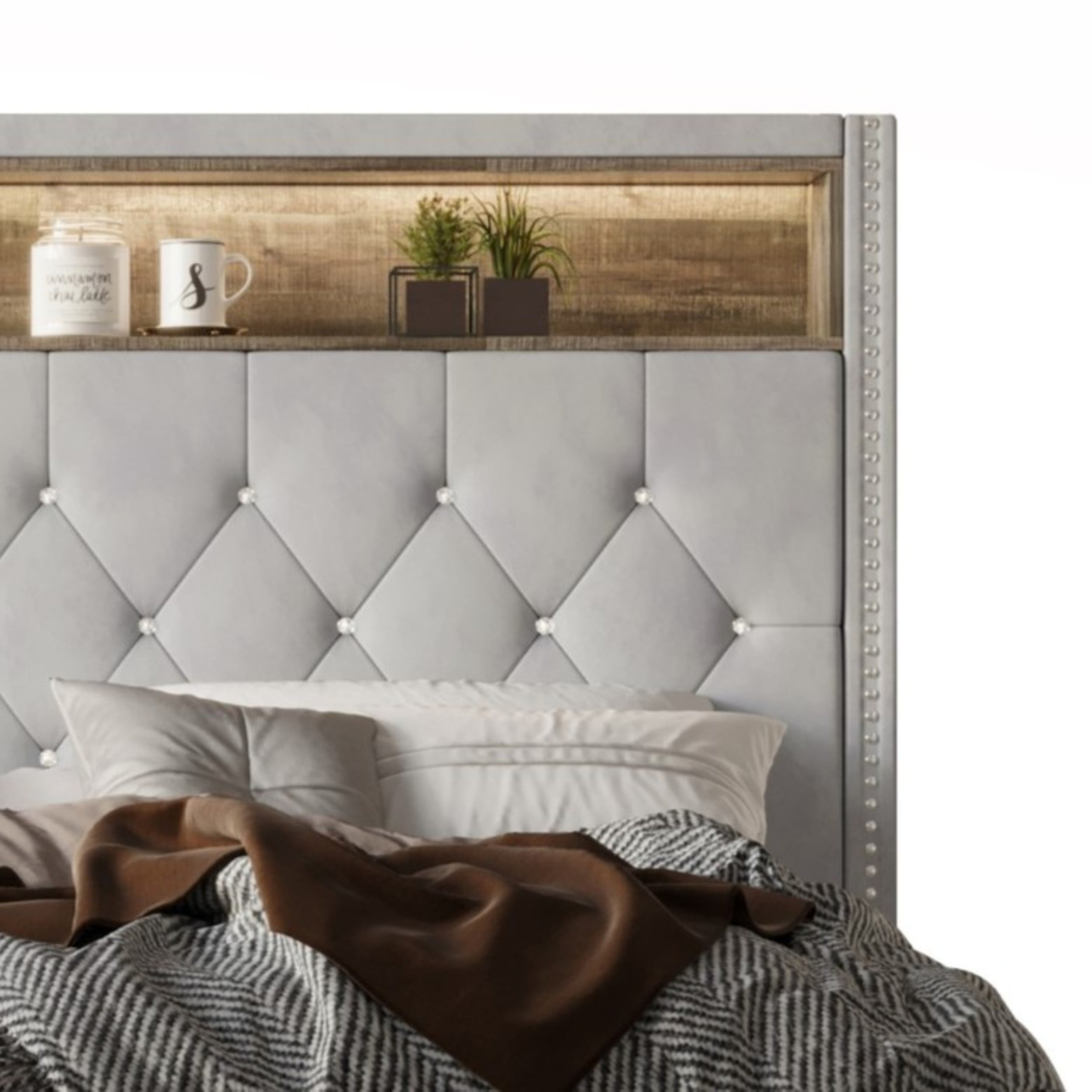 Home Design Javan Full Velvet Upholstered Bookcase Panel Bed Frame for Adult, Silver Gray, Easy Assembly