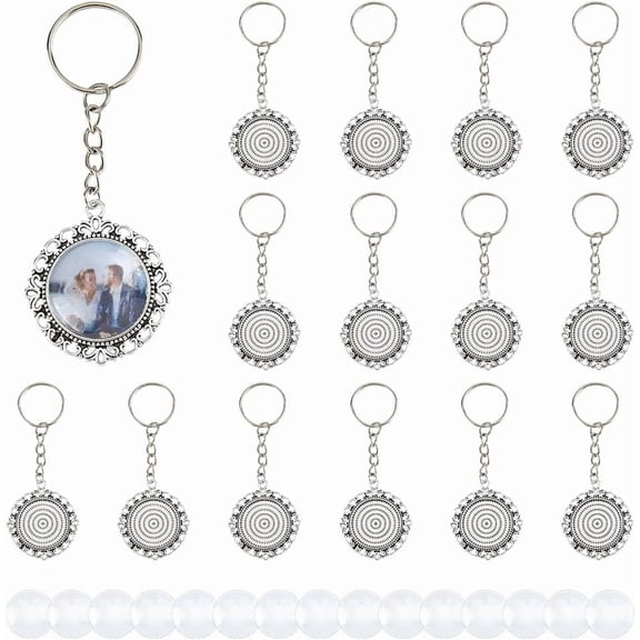 15Pcs Cabochon Keychain Kits Blanks Bezel Trays Charm Platinum Round Pendant Alloy Tray Charms Keychain Keyring with 15Pcs Glass Cabochon Blanks Trays for Photo Resin DIY Jewelry Making