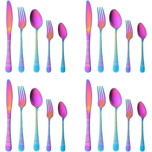 Christmas Gift Rainbow Hammered Flatware Sets for 4, 20 Pieces Unique Pattern Design Stainless Steel Cutlery Silverware Set Includes Dinner Knives/Forks/Spoons, Mirror Polish and Dishwasher Safe