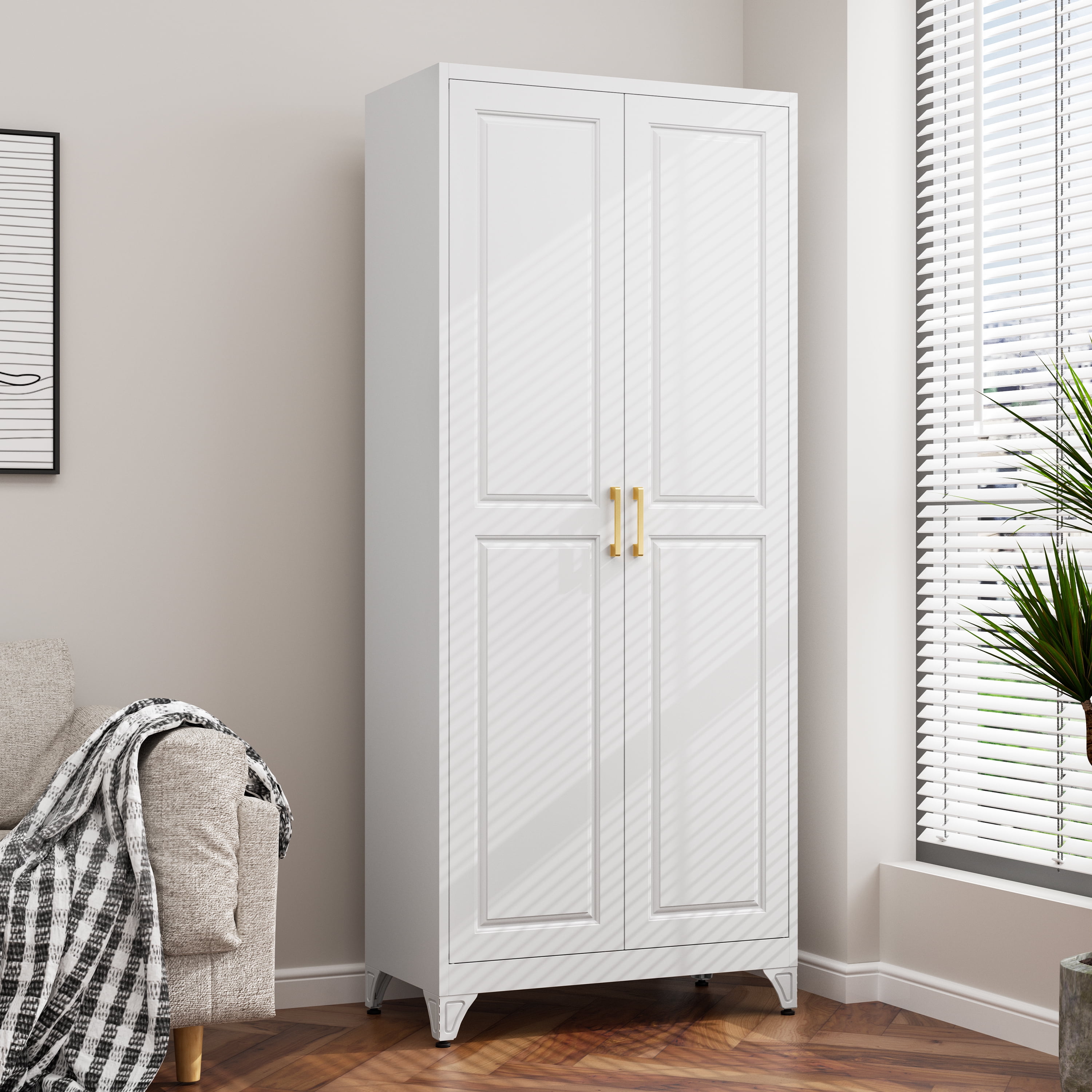 Polup 75" Height Metal White Storage Cabinet, Modern Tall Steel Pantry Cupboard with 2 Doors and Adjustable Shelves for Kitchen Garage and Home