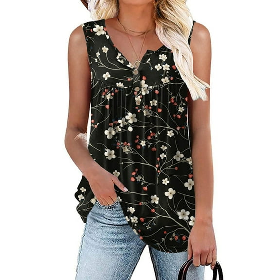 Women Summer Tank Tops Sleeveless Loose Fit Henley Button Down to Wear with Leggings Casual Pleated Blouse Color 5XL
