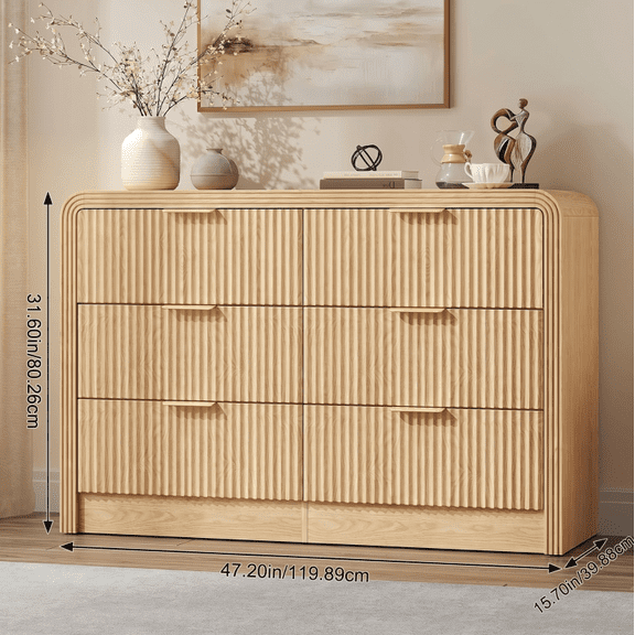 Easoger 47.2" 6-Drawer TV Stand & Dresser, Mid-Century Modern Storage Cabinet with Textured Oak Drawers, Multi-Functional Chest for Bedroom Living Room, Oak
