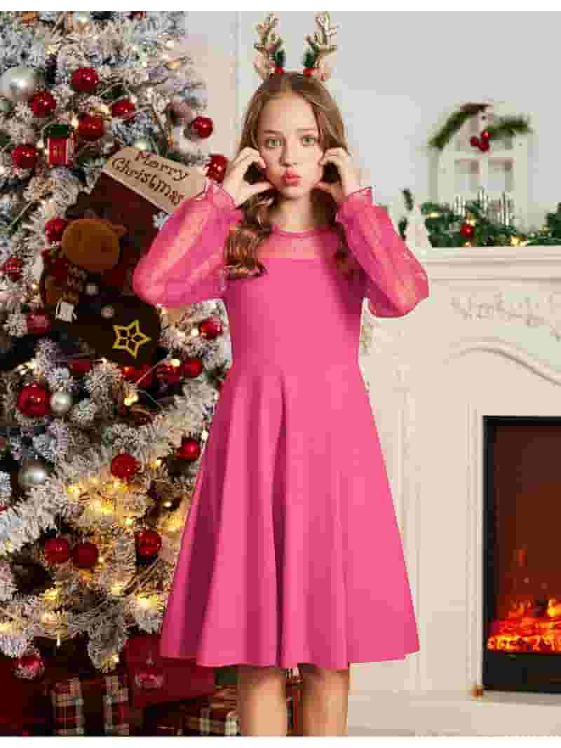 Oudiya Girls Mesh Puff Lantern Long Sleeve High Waist Formal Oudiya Girls Mesh Puff Lantern Long Sleeve High Waist Formal