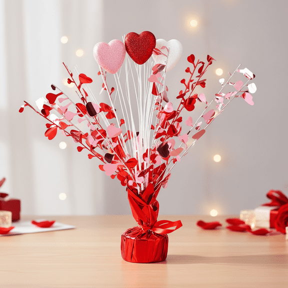 Valentine's Day Table Decoration Foam Heart Gleam Party Spray Foil Centerpieces for Home Office Events Metallic Foil Heart Potted Plant Ornament,Red