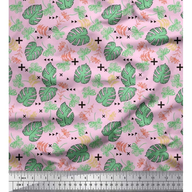Soimoi Poly Georgette Fabric Geometric Sign,Clover & Monstera Leaves Print Fabric by The Yard 52 Inch Wide