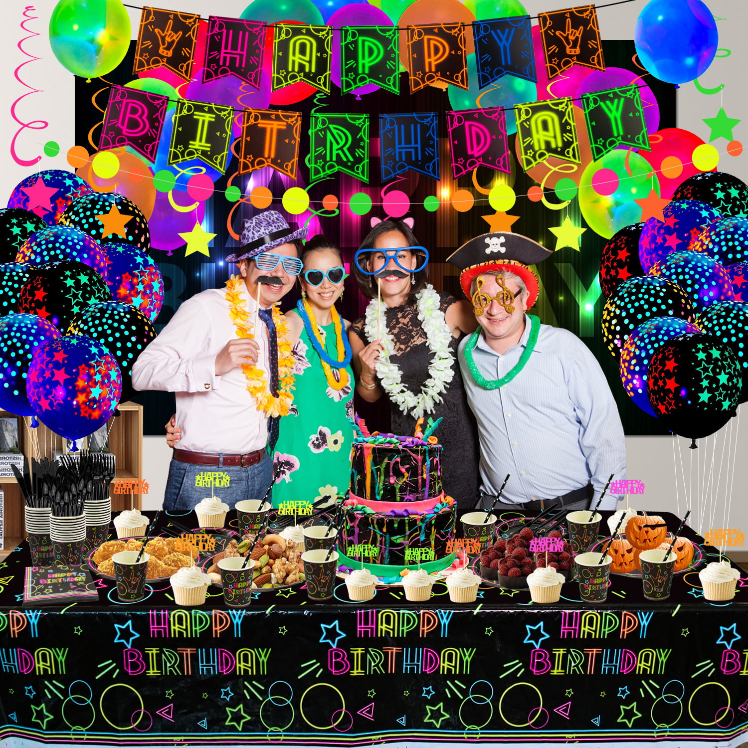 167 Pieces Glow Neon Party Supplies - Glow in the Dark Birthday Banner,  Plates, Napkins, Cup, Tablecloth, Knives, Fork, Spoon and Straws for Blacklight  Neon Party Decorations, Serves 20 Guest 