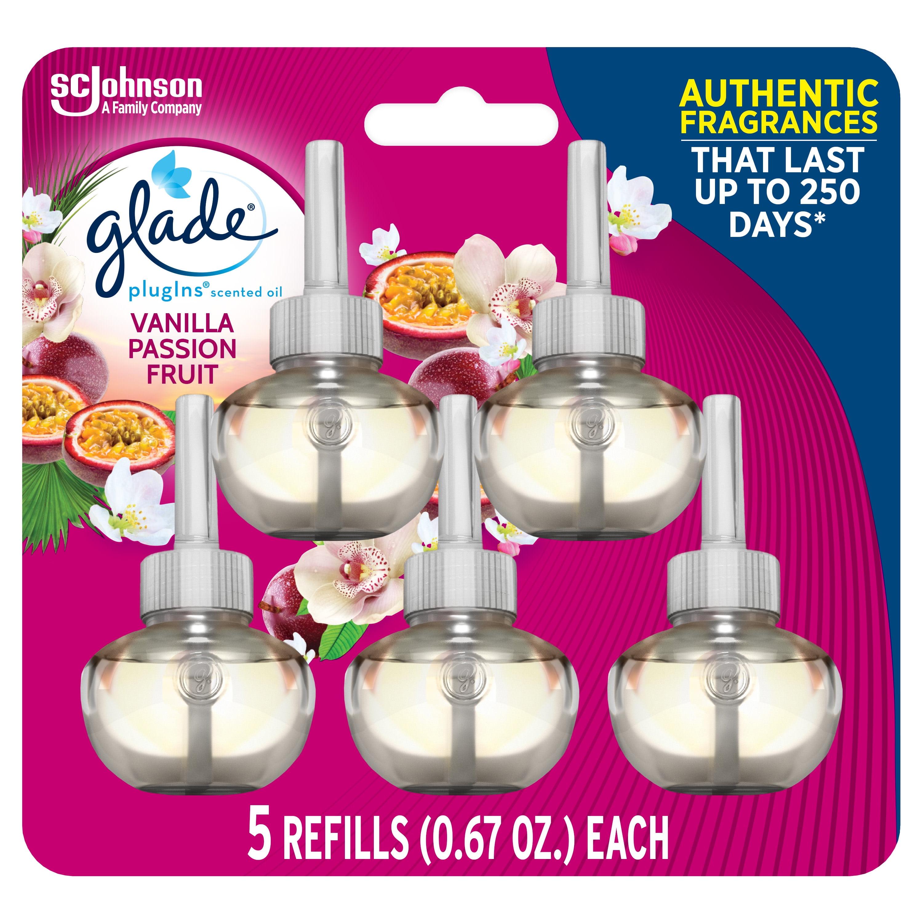 Glade PlugIns Refill 5 CT, Vanilla Passion Fruit, 3.35 FL. OZ. Total, Scented Oil Air Freshener Infused with Essential Oils