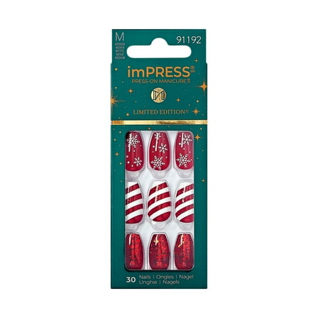 imPRESS Holiday Press-On Nails, Truth or Dear, Red, Medium Length, Coffin Shape, 30 Ct.