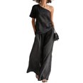 thumbnail image 3 of Women's 2 Piece Outfit One Shoulder Top and High Waist Wide Leg Pants Set, Textured Washed Crinkle Lounge Set, Casual Boho Flowy Matching Set for Summer Black L, 3 of 6