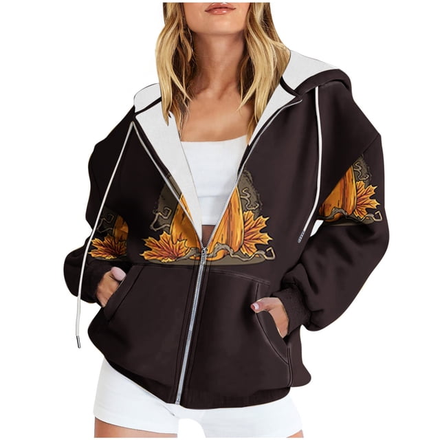 Chandails à Capuche Zippés pour Femmes Rabais de 50 % en Liquidation Mode Halloween Imprimé Hauts à Manches Longues Poches à Capuche