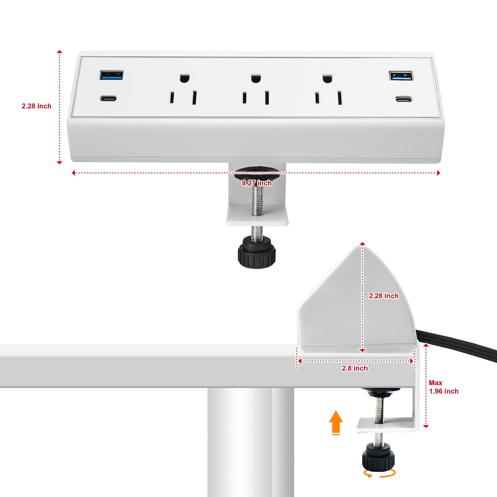 Fast Charge USB C Desk Clamp Power Strip 40W, Desktop Power Station Edge Mount  3 Outlets 4 USB C for Home Office School Hotel ETL White