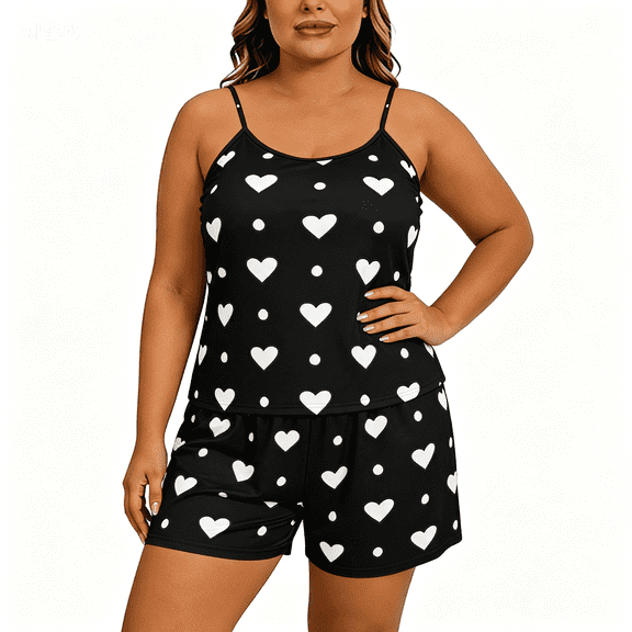 CAZOFW Pajamas for Women Plus Size,Heart Print Cami Shorts Set, Sleeveless Sleepwear Sizes XL-5X