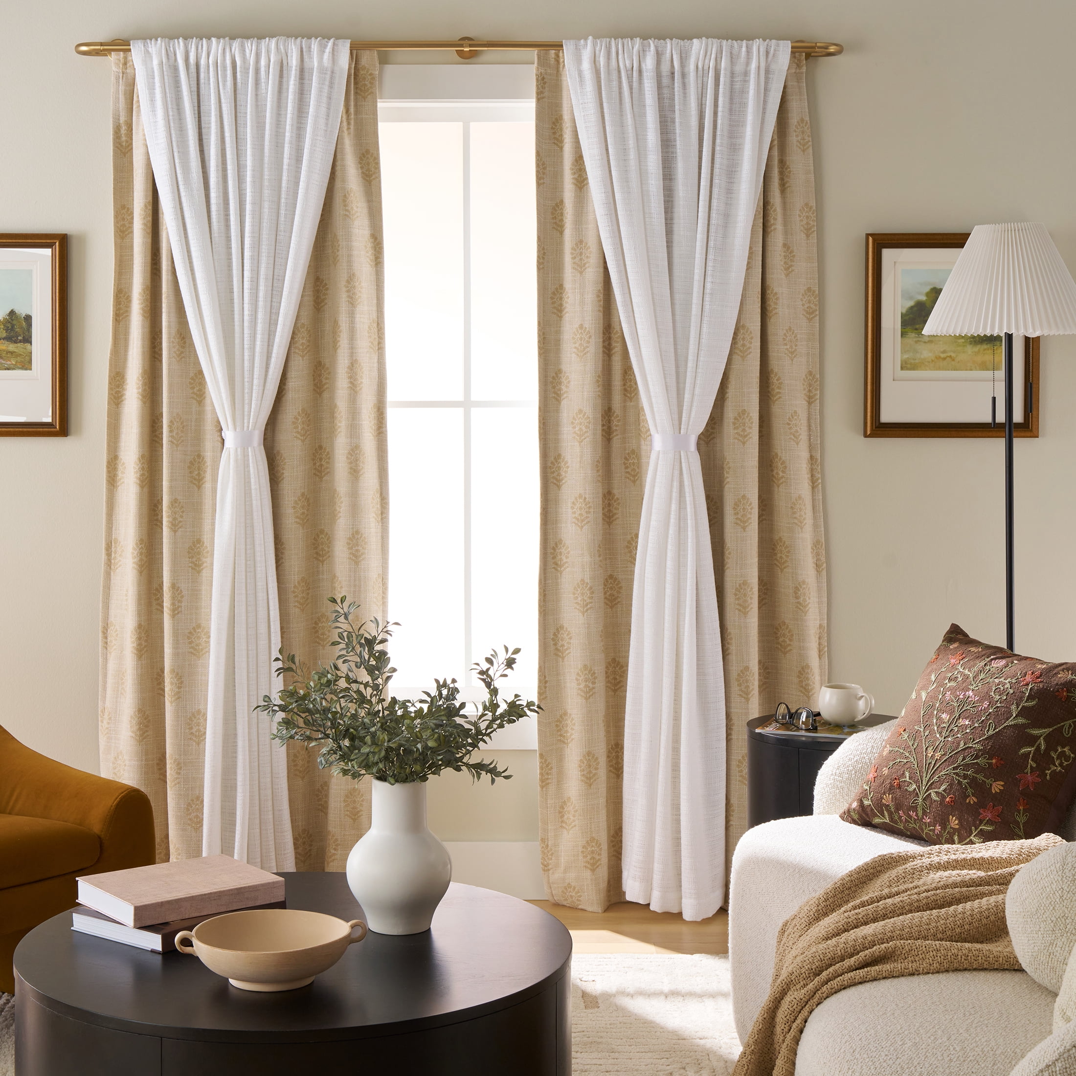 Better Homes & Gardens 1” and 5/8" Brass Swooping Adjustable Double Curtain Rod Set, 32-120”