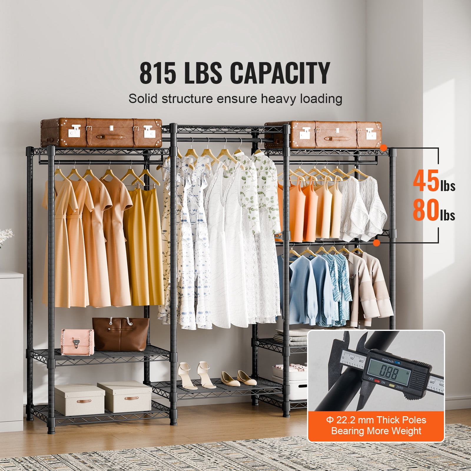 VEVOR Clothes Rack Wire Garment Rack with 4 Hang Rods & 8 Storage Tiers Load 800 LBS Heavy Duty Adjustable Freestanding Clothing Rack 71" H x 69" W x 18" D Black