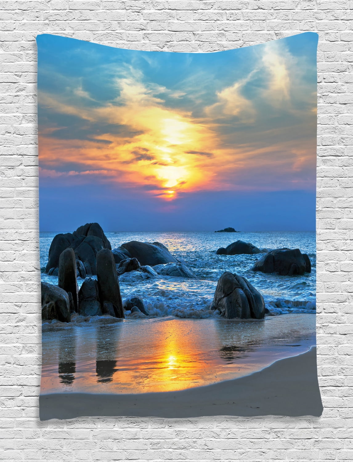 Seaside Decor Wall Hanging Tapestry, Sunset Scenery In Sandy Beach With Rocks And Waves Lonely Peace Morning Dream On Earth, Bedroom Living Room Dorm Seaside Decor Wall Hanging Tapestry, Sunset Scenery In Sandy Beach With Rocks And Waves Lonely Peace Morning Dream On Earth, Bedroom Living Room Dorm