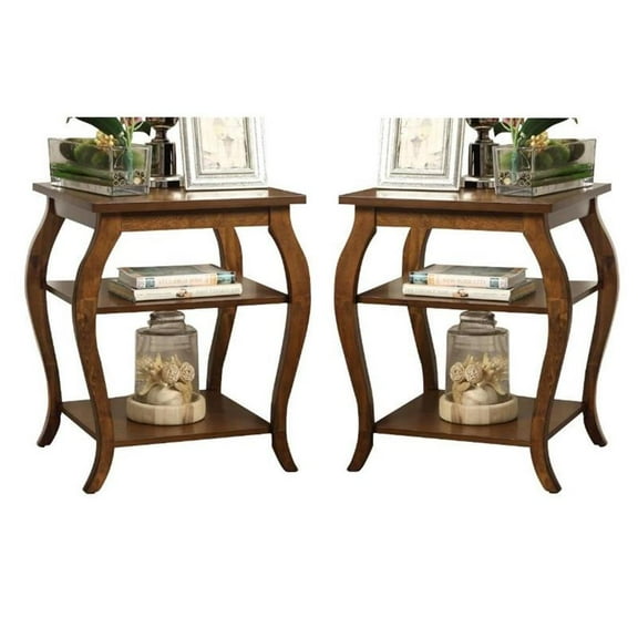 Home Square 2-Piece Furniture 2-Shelves Wood End Table Set in Walnut