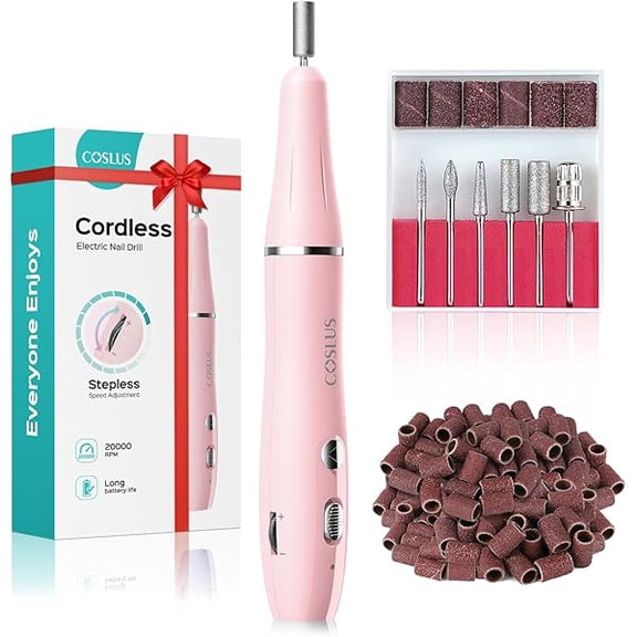 YJJSKEJI Cordless Electric Nail Drill File: Nail Drill Machine with Stepless Speed Knob for Acrylic Gel Dip Powder Polish, Professional Portable Manicure Pedicure Rechargeable for Home Salon Use Pink